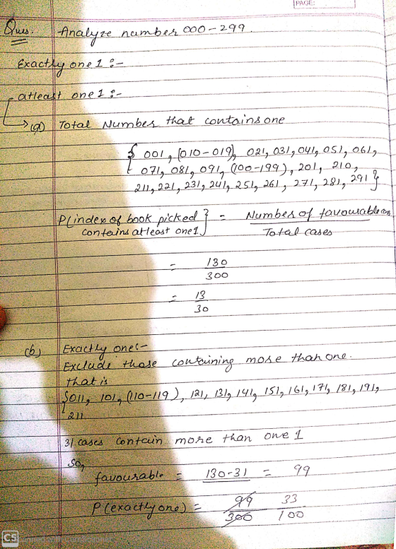 PAGE: Analyze numbes 200-299. Exactly one le catleast one 1 g - - 9 Total Number that contains one $ 001, (010-019 021, 031,