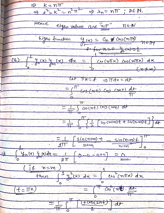 k=nT - d² = K²=n²7² an= ntt , NEIN. Hence eigen values are nit DEN . Eigen function on = n o ces (nl) Nett fe for 20 yoxst [