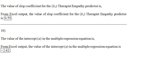 The value of slop coefficient for the (62) Therapist Empathy predictoris, From Excel output, the value of slop coefficient fo