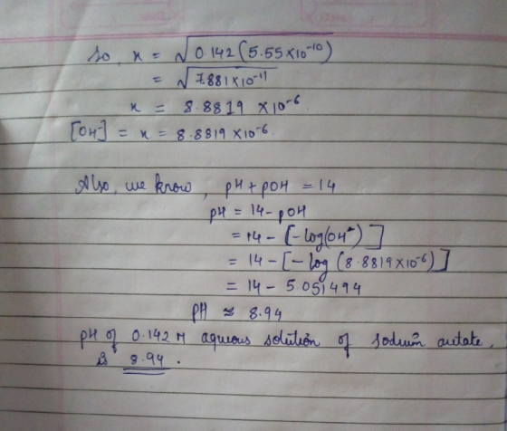 so x = N 0.142(5.55X10-10) N 7.881810-11 8.8819 x 10-6 x = 8.8819 X10-6 x = Гон1 Also, we know pH + poH = 14 pH = 14-pon = P4