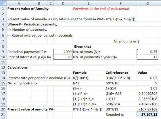 с D А в 1 Present Value of Annuity Payments at the end of each period 2 - 12 3 Present value of annuity is calculated using t