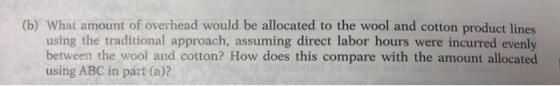 (b) What amount of overhead would be allocated to the wool and cotton product lines using the traditional approach, assuming