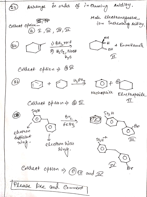 23 Arrange in order of increasing Acidity, Male electronegative con increasing Acidity. Correct option 7 ,201, D2, I me fub