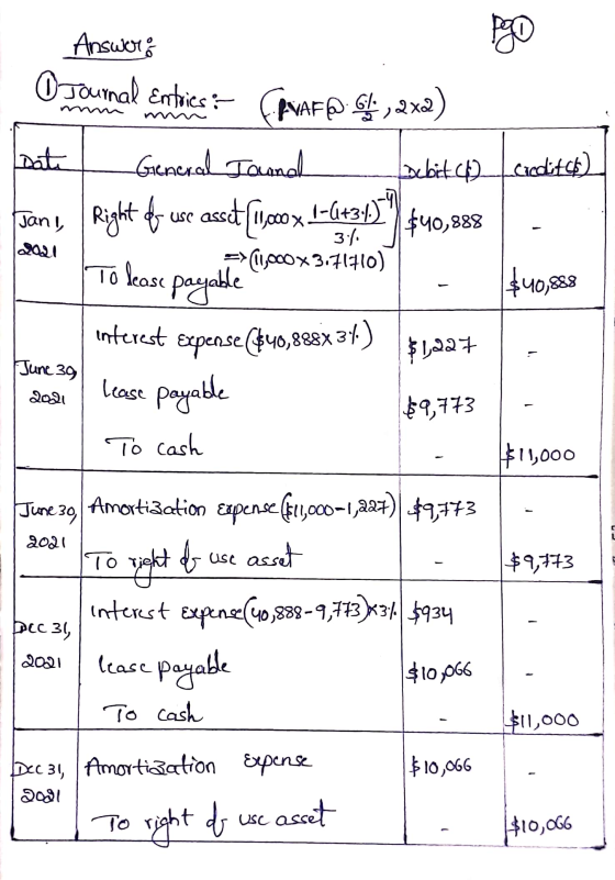 Answer: pago O Jaunal Enthics : [PYAF 44,2x2) 3.4 late General Ioana Debit.cccdito) Sans , Right f use asset (100 x 1-6+31)
