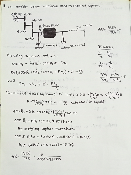 * Let consider beloco rotation al prea mechanical system, 2,49 TL) N, 720 # Ng=30 O,[) 450 kg.me N2-100 6 225 Nm/rad G(S) 021
