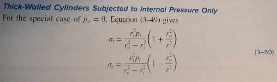 Thick-Walled Cylinders Subjected to Internal Pressure Only For the special case of p. = 0, Equation (3–49) gives (3–50)