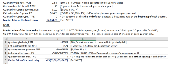 Quarterly yield rate, RATE # of quarters left to call, NPER Quarterly coupon payment, PMT Call value after 5 years, FV Quarte