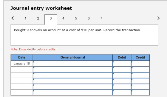 Journal entry worksheet < 1 2 4 5 6 7 Bought 9 shovels on account at a cost of $10 per unit. Record the transaction Note: Ent