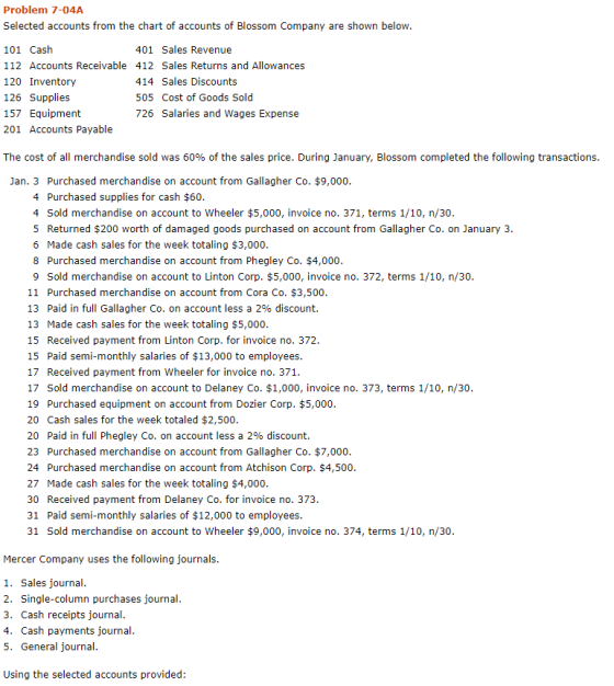 Problem 7-04A Selected accounts from the chart of accounts of Blossom Company are shown below. 101 Cash 401 Sales Revenue 112