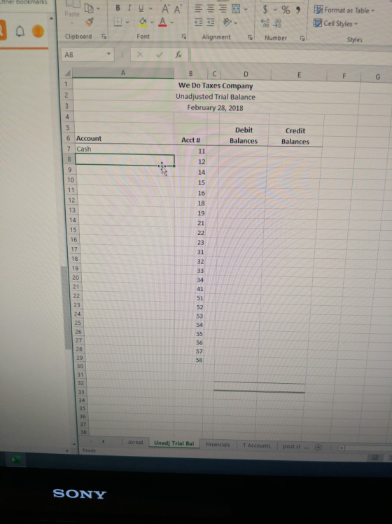 ther bookmarks LL BIUA A EE $% Format as Table Paste A Cell Styles Clipboard Font Alignment Number Styles fox A8 A B C D E F