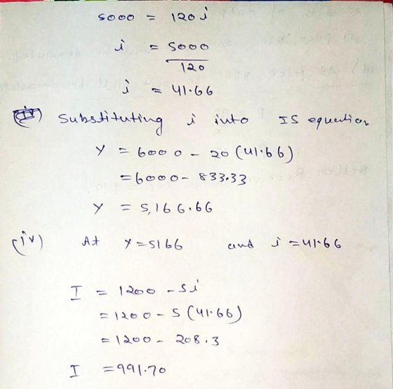 S000 = 1201 is sooo 120 ů = 41.66 Substituting i into Is equation y = 6000 - 20 (U1.66) = 6000- 83333 Y = 5,166.66 iv) - Aty