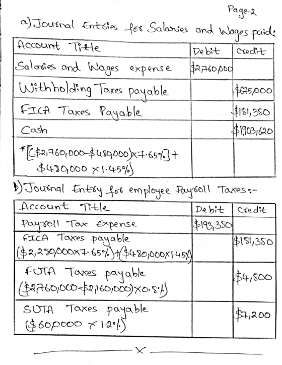 Page-2 a) Journal Entries for Salaries and Wages paide Account Titte Debit credit Salaries and Wages expense $2,700,000 With