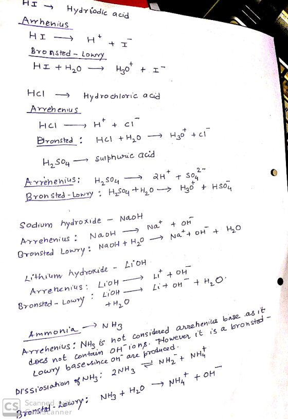 HI - Hydriodic acid Arrhenius HI - H + I Bronsted - Lowry HI + H20 — Hzot +. Hol → Hydrochloric acid Arrehenius HCl Ht + ci