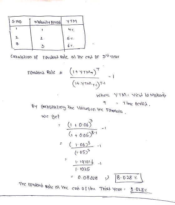 IS.NO 1 Malurity period утм 44. 5-1. 67. calculation of forward rate at the end of 3rd year Forward Rate = (1+yTMA) (i+ YTM 7