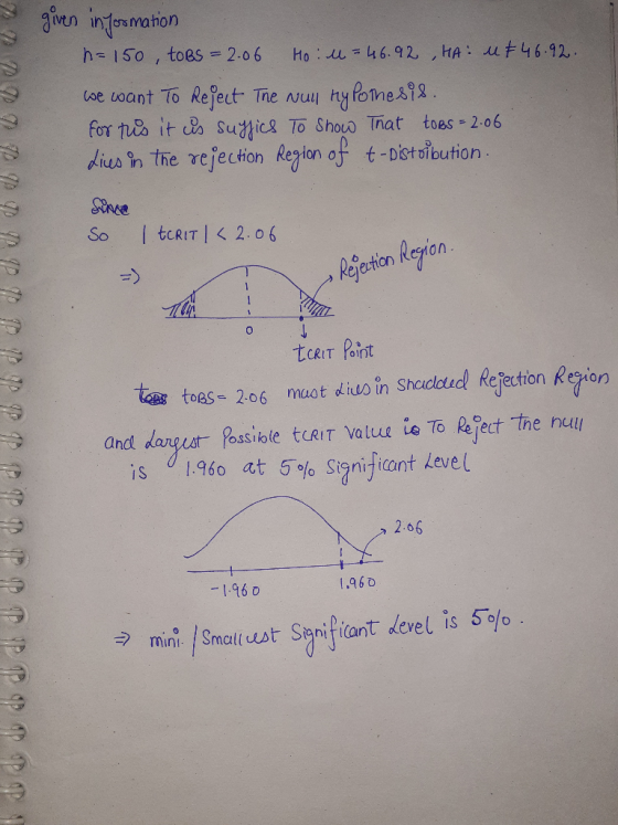 given in yormation h=150, toBs=2.06 Ho: l = 46.92 ,HA: ut 46.92. We want To Reject The Null hypothesis. for tus it us suffics