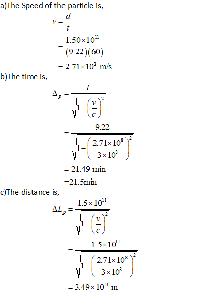 a)The Speed of the particle is, d V=- t 1.50x1011 (9.22 (60) = 2.71x108 m/s b)The time is, 4, 9.22 II 2.71x108 3x108 = 21.49
