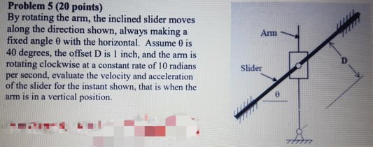 Problem 5 (20 points) By rotating the arm, the inclined slider moves along the direction shown, always making a fixed angle θ
