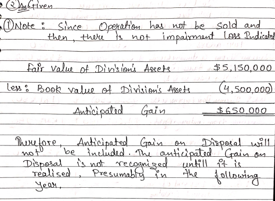 Muy Ctiven . • Note: since Operation has not be sold and then there is not impairment loss Pudicated fair value of Divisions