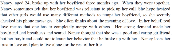 Nancy, aged 24, broke up with her boyfriend three months ago. When they were together, Nancy sometimes felt that her boyfrien