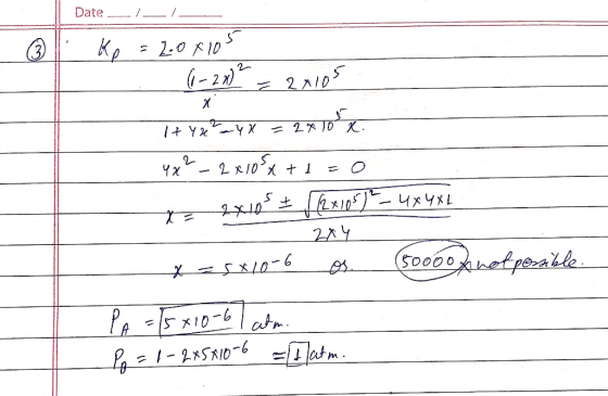 2xiOS Date --I-I I Kp = 20x105 (1-200² - x It Y -40 = 2x10 x. yx?_ 2 x 10*x+d=0 ex10s + (2+105)² - 4X4XL 2x4 *=581006 Ø 50000