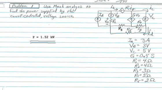 TOU Problem find the power sypplied by thG Curretcontrolld,voltage source Use Mesh analysi te GVx (TA + AA P 1.52 kw 34 VB 3V