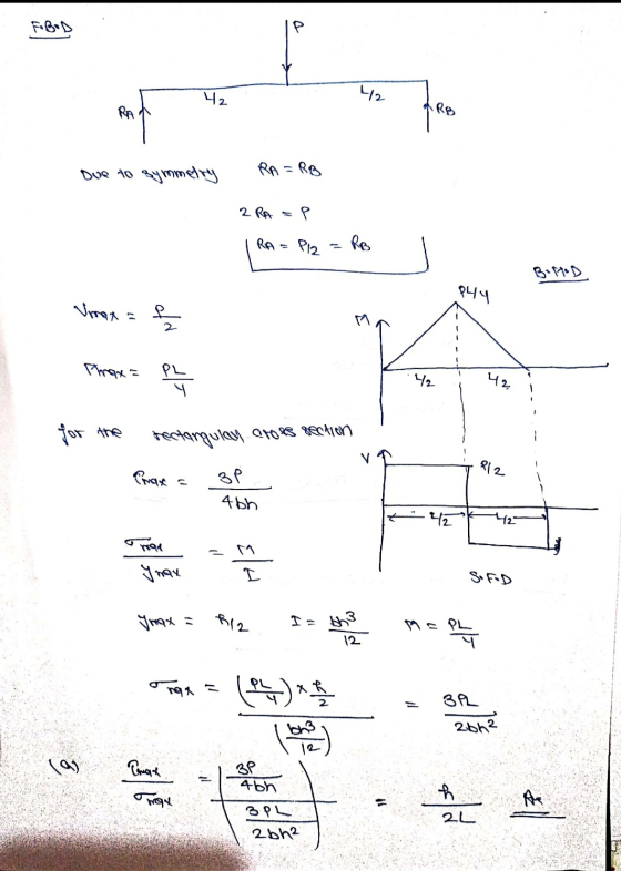 42 니2 IRB Due to symmetry RA = RB 2RA P PI2 RB BIHOD २५५ Vmax=L Prax= PL 4 42, for the rectangulay cross section V P12 BP 46h