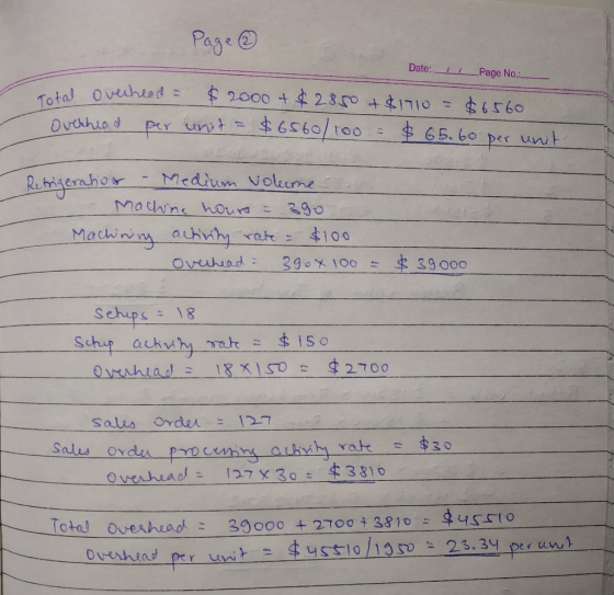 Page ① Date: Page No. rotal overhead = $2000 + $2850 + $1710 = $6560 overhead per unit = $6560/100 = $65.60 per unit - Refrig