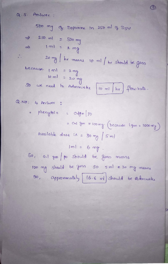 Q.5. Answer: 1ml = 오 r means 10 ml hr should be e Jheo n7 10 T o.l m po should be ve means 8o, appoeatal 6.6 Should be adnenatku
