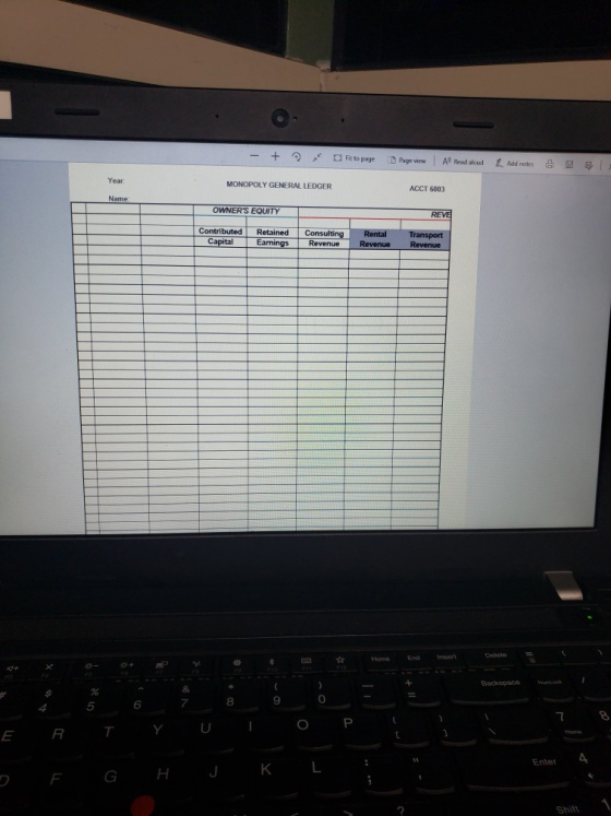 - + fit to page Page view A Read aloud Add notes & B Year MONOPOLY GENERAL LEDGER ACCT 6003 Name OWNERS EQUITY REVE Contribu