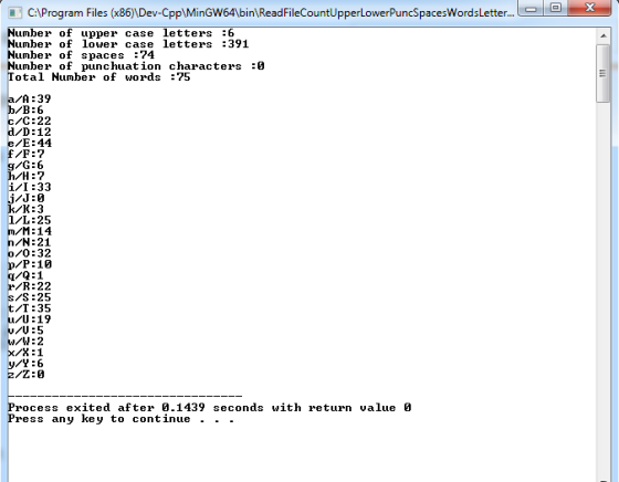 i C:\Program Files (x86)\Dev-Cpp\MinGw64bin,ReadFileCountUpperLowerPuncSpacesWordsLetter umber of upper case letters 6 umber