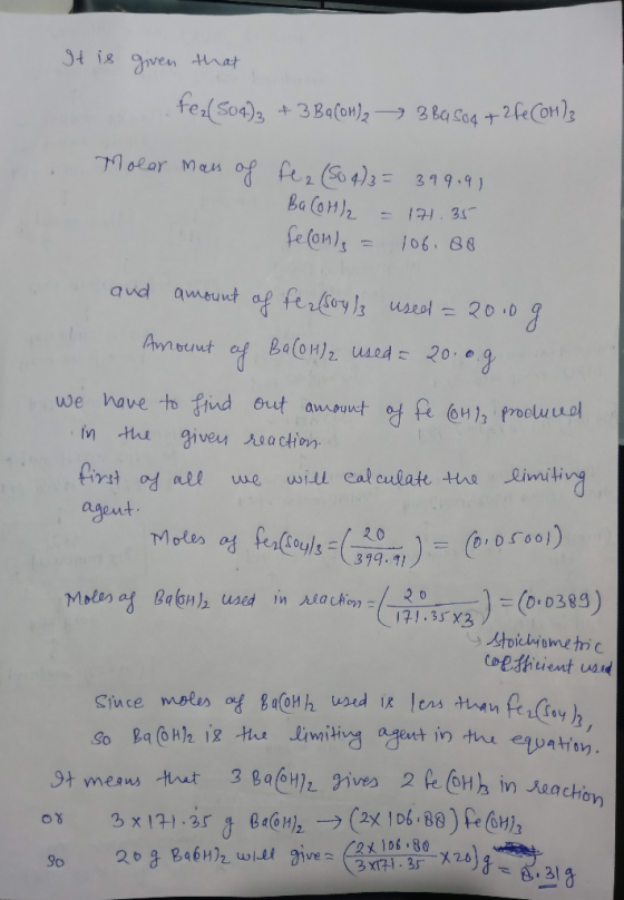 Jt i& gven that feal Soa)s 2 ba So4 t2feCon3 +3 Balon2 7Molar Man o Pero43= 319.9) Ba CoMl2 17H 31 fe(onls /06: 88 aud amount