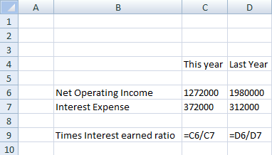 C D This year Last Year Net Operating Income Interest Expense 1272000 372000 1980000 312000 Times Interest earned ratio=C6/07