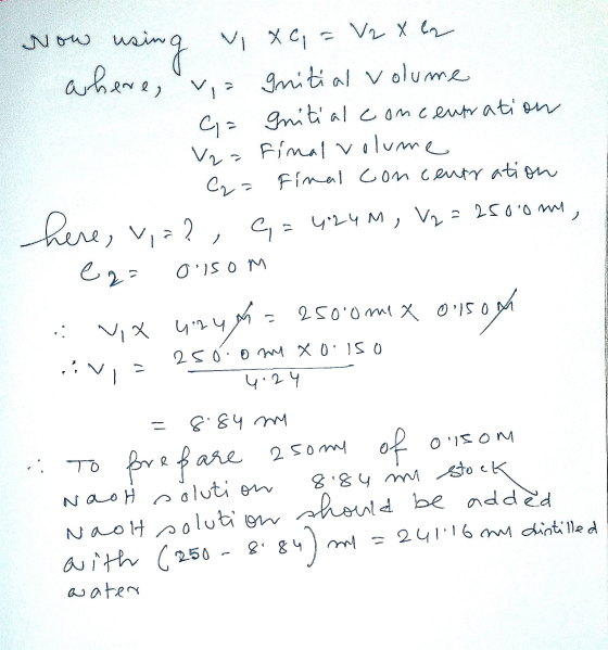 Now using vi xc, = V2 x 2 where, via gnitial volume C = Guitial concentration V2 Final valu olume Cra Final concentration her