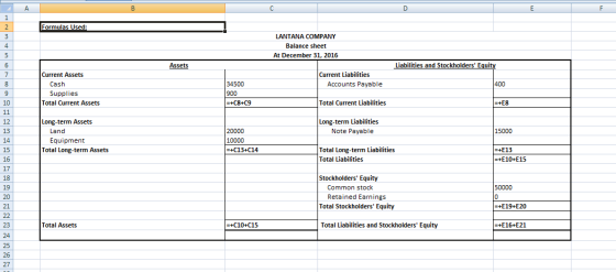 A C EF Formulas Used: LANTANA COMPANY Balance sheet At December 31, 2016 Assets Liabilities and Stockholders Equity Current
