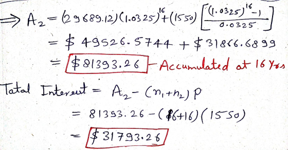 > A2= 65689.12)(1.03250* (155) [106 syla $ 49526.5744 + $31866.6899 ($81393.26 - Accumulated at 16 yos Tatal Interent A₂-(2,