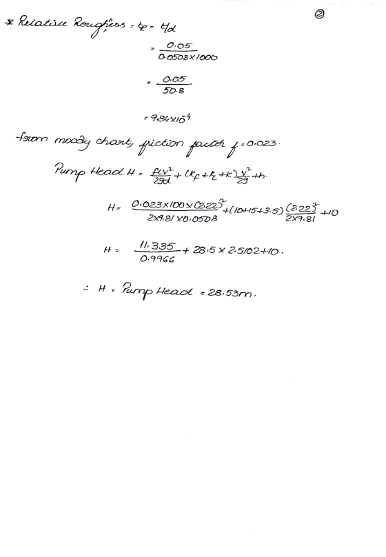 * Recatince Ror Roughess : te- Hd 0.05 O 0508x1000 0.05 50.8 from 984X104 moody chorty friction factor f-0.023 Pump Head H= f