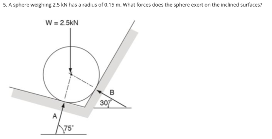 5. A sphere weighing 2.5 kN has a radius of 0.15 m. What forces does the sphere exert on the inclined surfaces? W-2.5kN 30 75