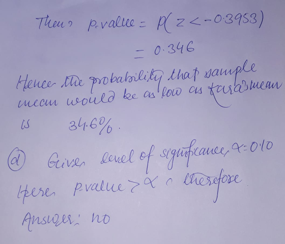 Thou pvalue - R 22-09953) -0.346 Hence the probability that sample meem would be as low as fazabluean کی) 34.6% x=0/0 © Geren