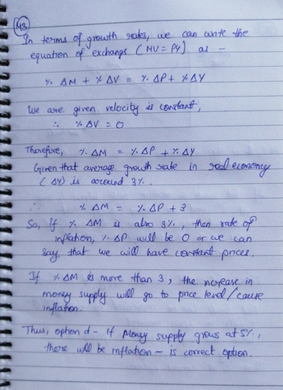 I terms of growth rates, we can write the equation of exchangs. (MU - Py) as - %. AM + % AV = 7. AP + KAY We are :: given rel