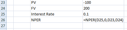 23 PV -100 24 FV 200 25 Interest Rate 0.1 | =NPER(D25,0,D23,D24) 26 NPER 27
