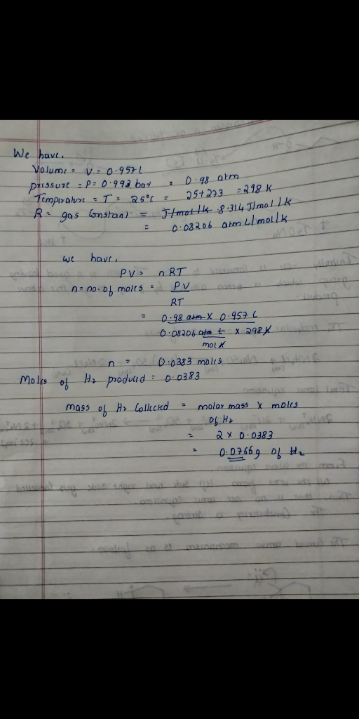 We have Volum V: 0.957 L passunt :P: 0.993 boy Tempoyant - T25°C R: gas constant - , 0.98 am 25+233 +218 K Itmotlk 8.314 Il m