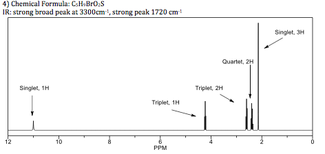 4) Chemical Formula: Cl,BrO:S IR: strong broad peak at 3300cm1, strong peak 1720 cm1 Singlet, 3H Quartet, 2H Singlet, 1H Triplet, 2H Triplet, 1H 12 10 PPM