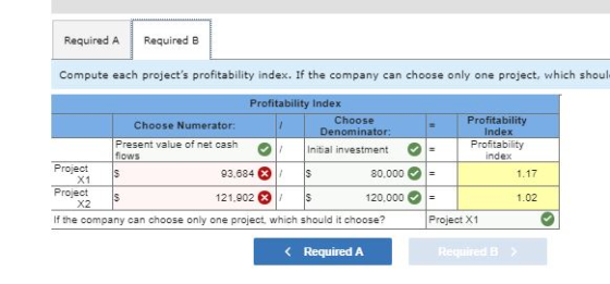 Required A Required B Compute each projects profitability index. If the company can choose only one project, which shoul Cho