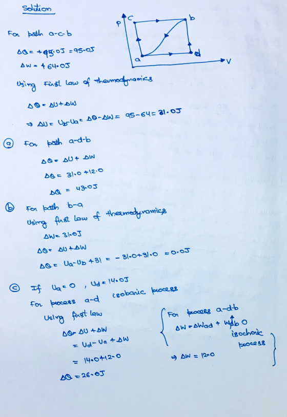 solution b Р For bath a-c-bl A BQ = +84.05=95.05 Aw=464.05 Using First Law of the modynamics شاهدناه =وه » AU = Ubruar DQ-Aws