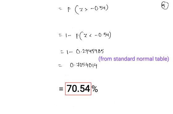 15 c P (2> -0.54) El- P(Z <-0.54) C1-0.2945985 (from standard normal table) 0.7054014 - 70.54%
