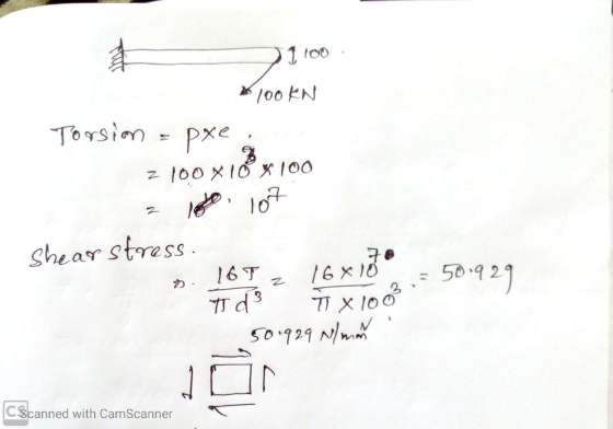 1100 - 100kn Torsion = pxe. z 100 X 10 X 100 2 180 107 shear stress. D. 16 T 2 16 x 10 Td T x 100 50.929 N/man = 50.929 CScan