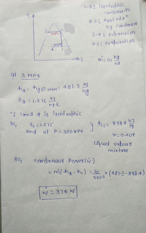 1-2; isentoophia TA compression d-8 heat addh by condensa 3 3MPa 3-4 å expansin 4-1: evaporatim : 3ooked 4 AS s=10 kg ho at 3