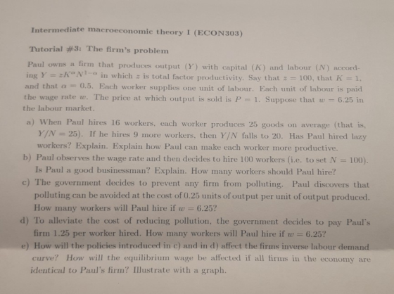 Intermediate macroeconomic theory I (ECON303) Tutorial #3: The firms problem Paul owns a firm that produces output (Y) with