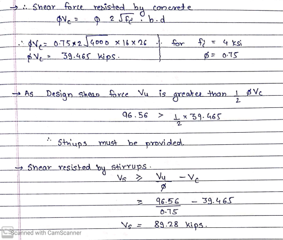 Shear force resisted by..concrete ove 2 Sfc b.d P for ;-Vez 0.75*2 J4000 x 16x26 Ø Ves 39.465 kips. få 4 ksi o= 0.75 As Desig