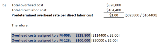 b) Total overhead cost Total direct labor cost Predetermined overhead rate per direct labor cost $328,800 $164,400 $2.00 [$32
